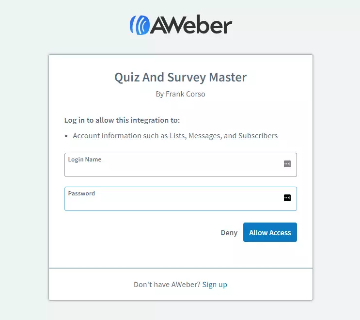 QSM Aweber Integration - Aweber sign in to access the account info
