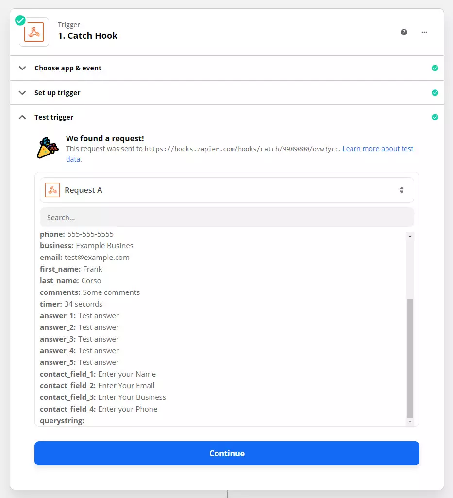 Zapier QSM Zapier Integration - Sending Test Data