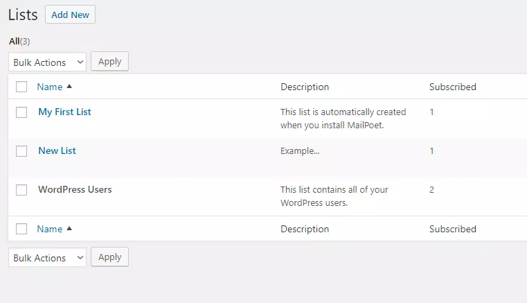 Screenshot of the Lists page in MailPoet showing several example lists.