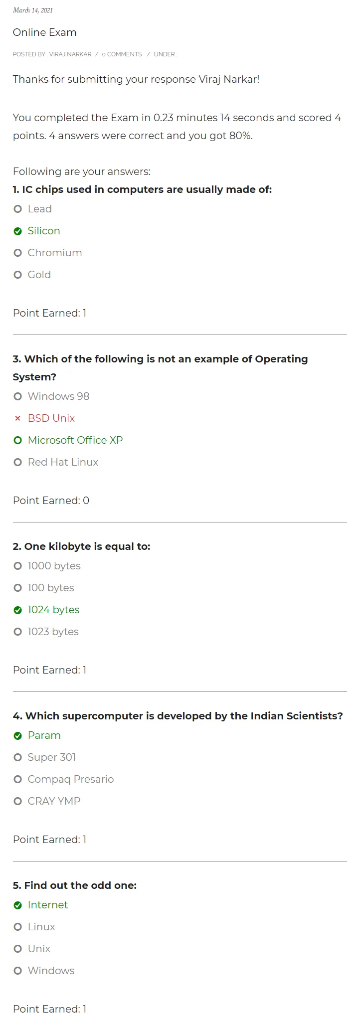 Timer based Online Exam in WordPress - Exam Results - 2021
