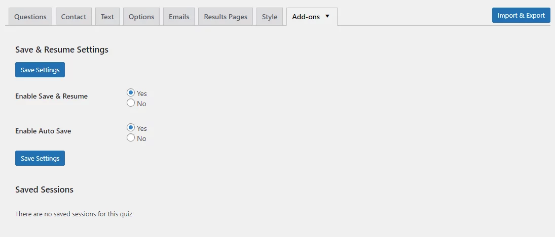 Save and Resume-Addon Configuration