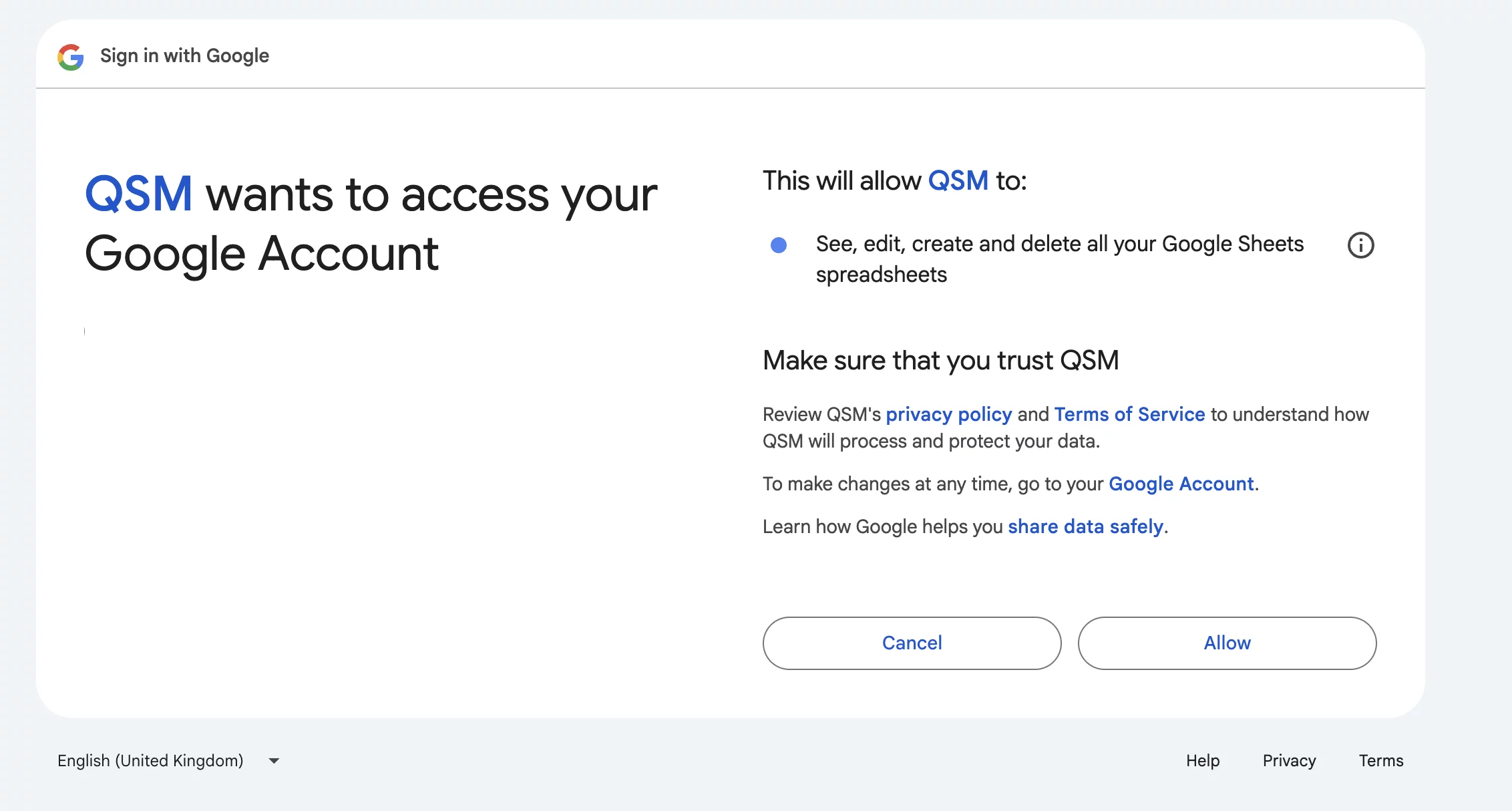 access google sheets qsm