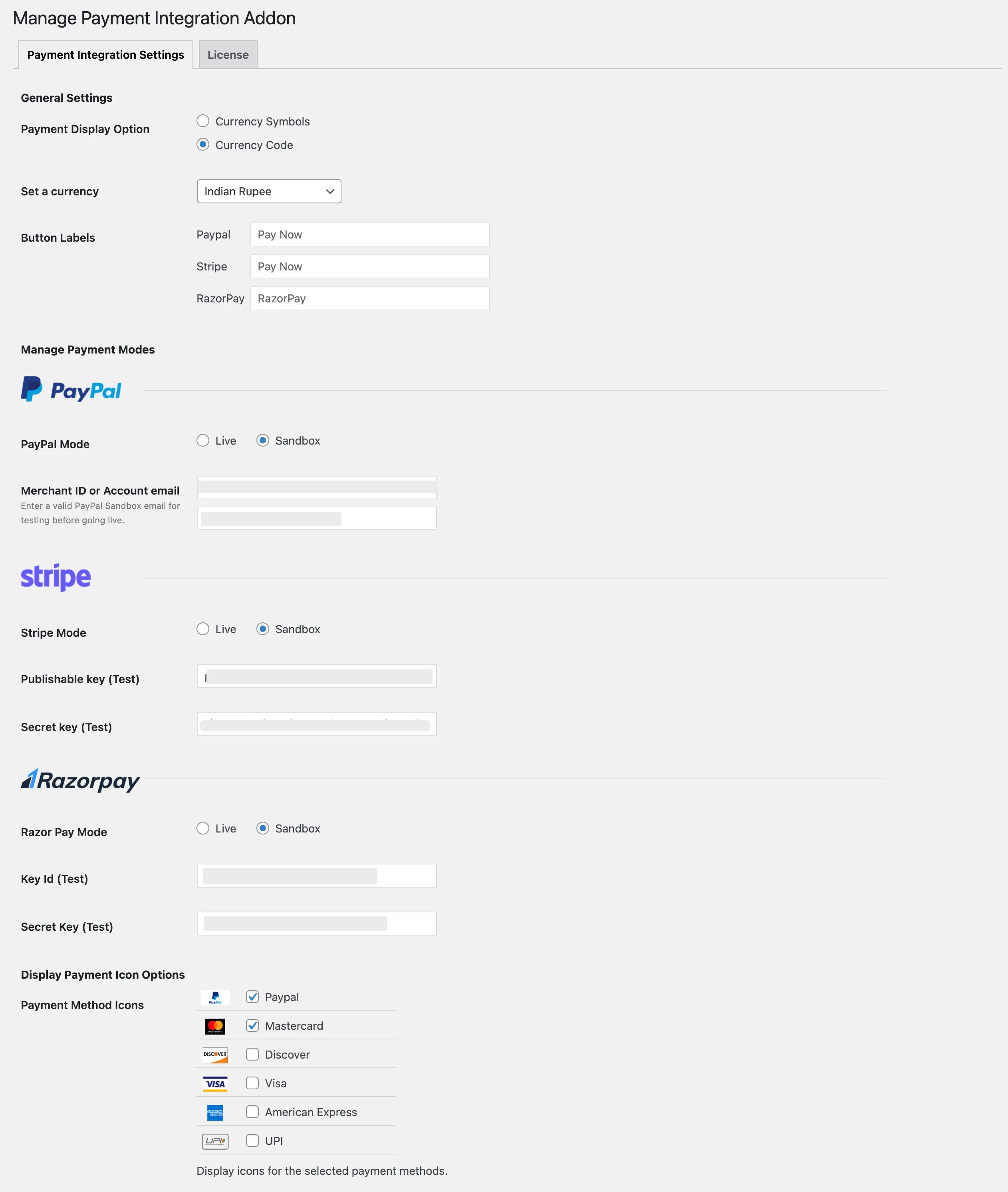Manage Payment Integration Global Settings
