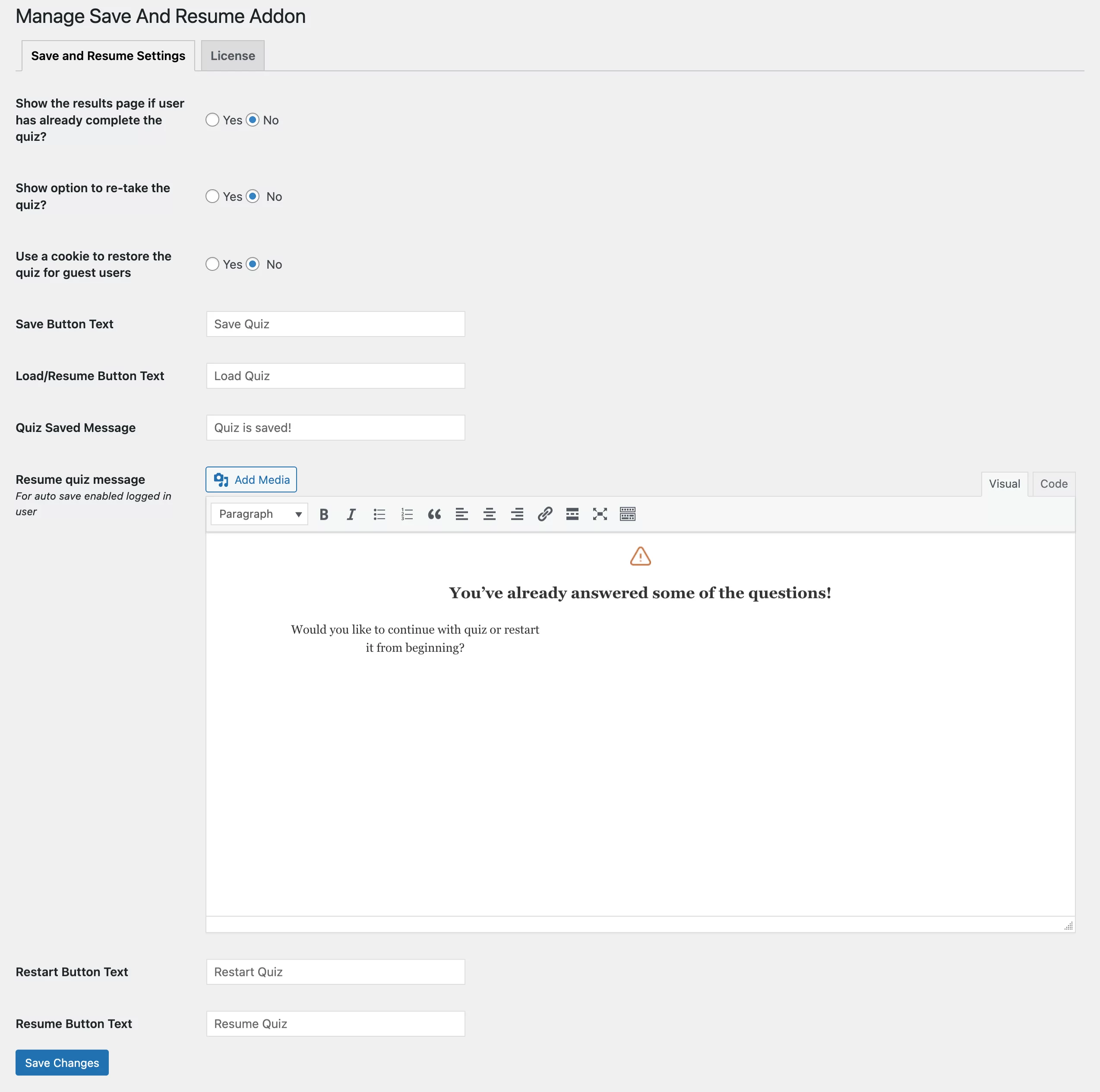 Save and Resume manage save resume addon