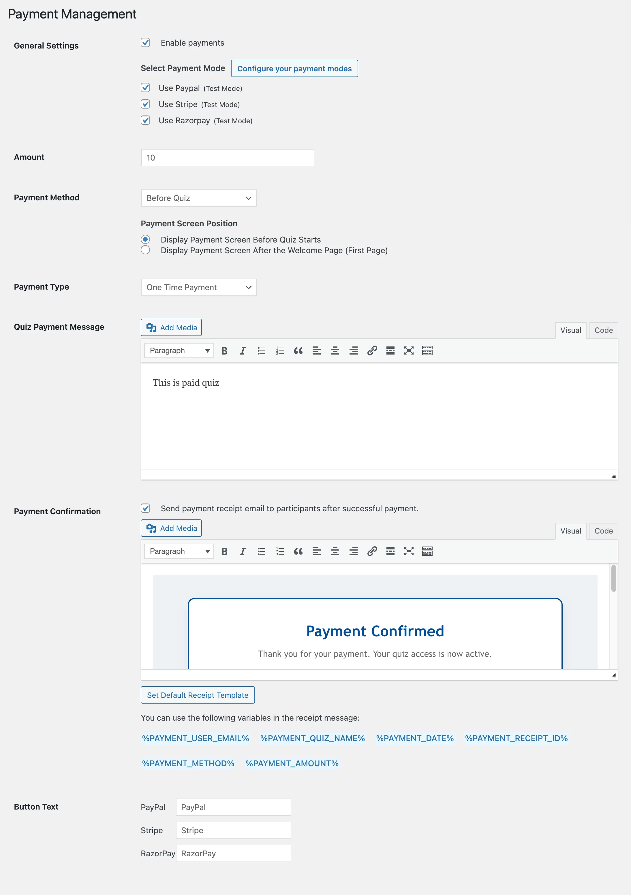 payment integration settings
