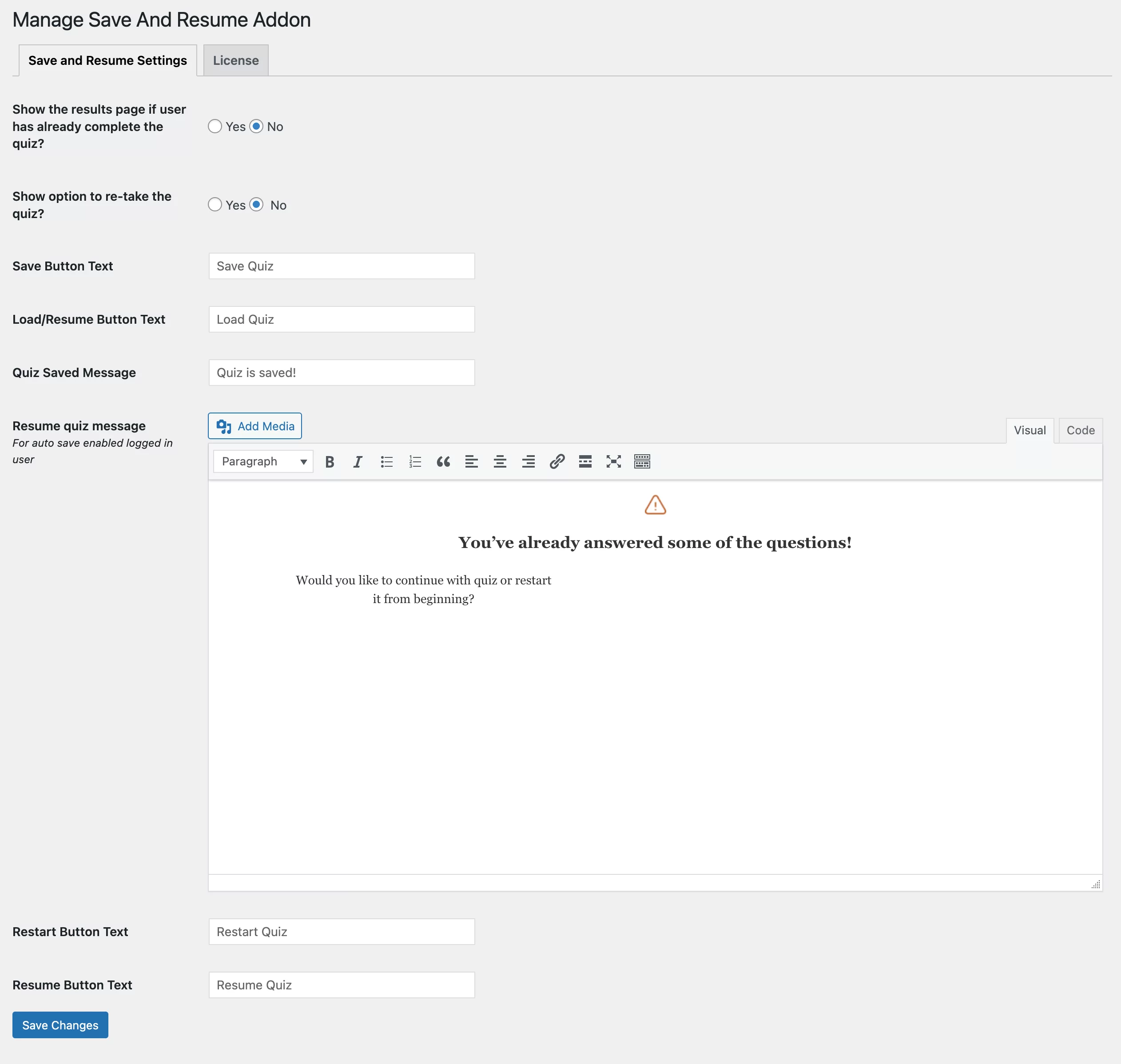 Manage Save and Resume add-on  settings