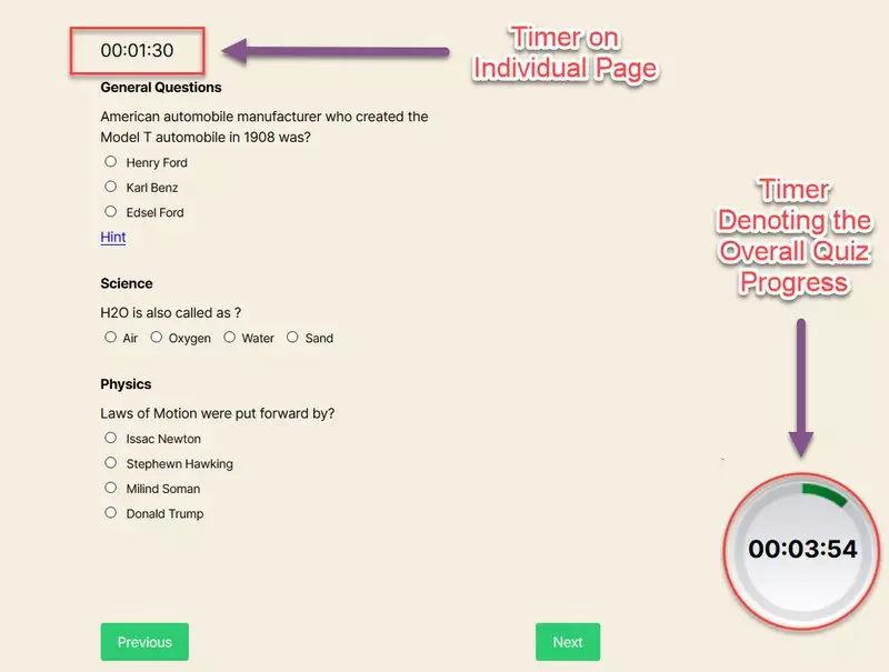 Timer on Individual Quiz Pages - Quiz and Survey Master Timer Addon