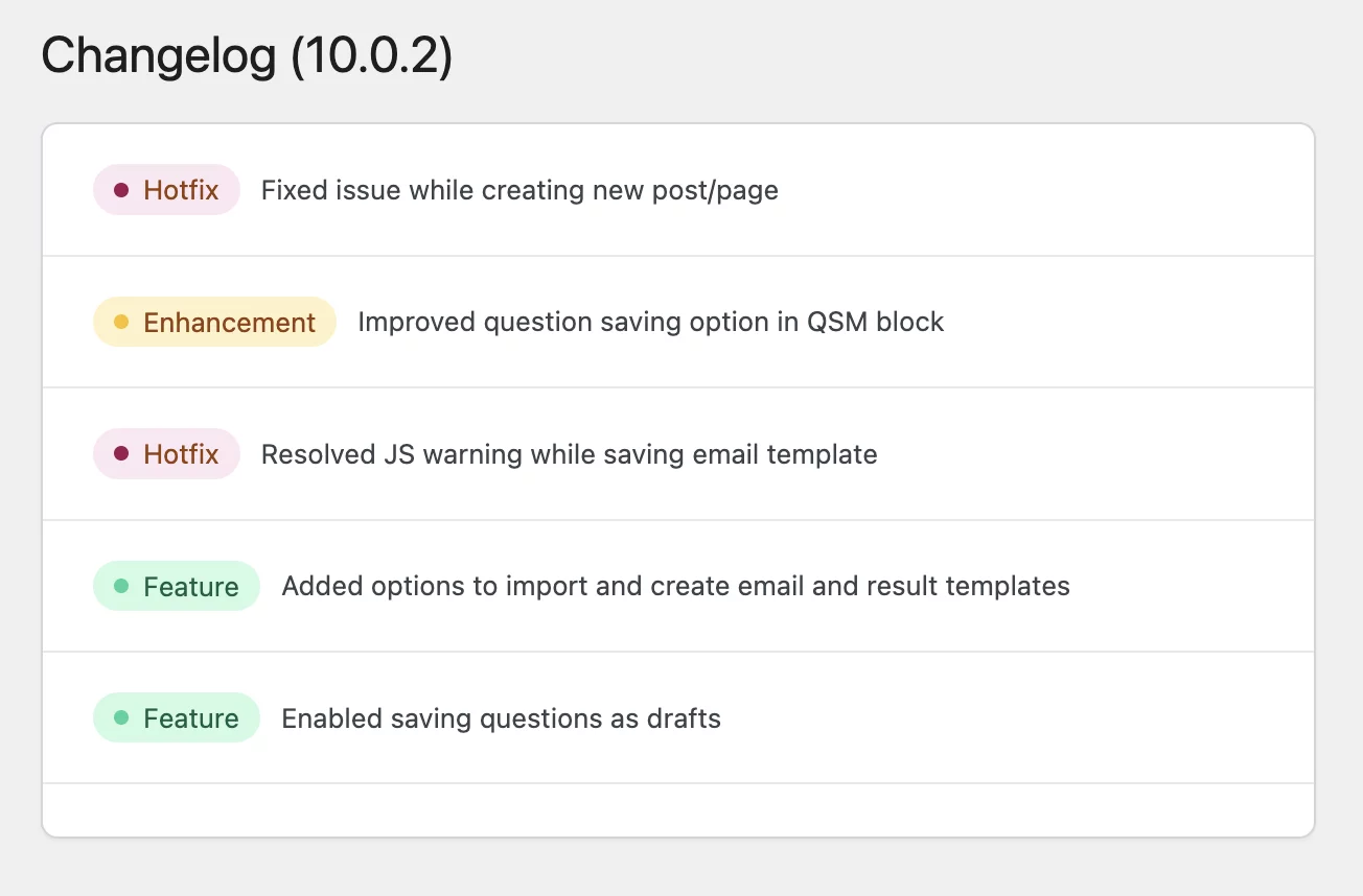 qsm dashboard changelog