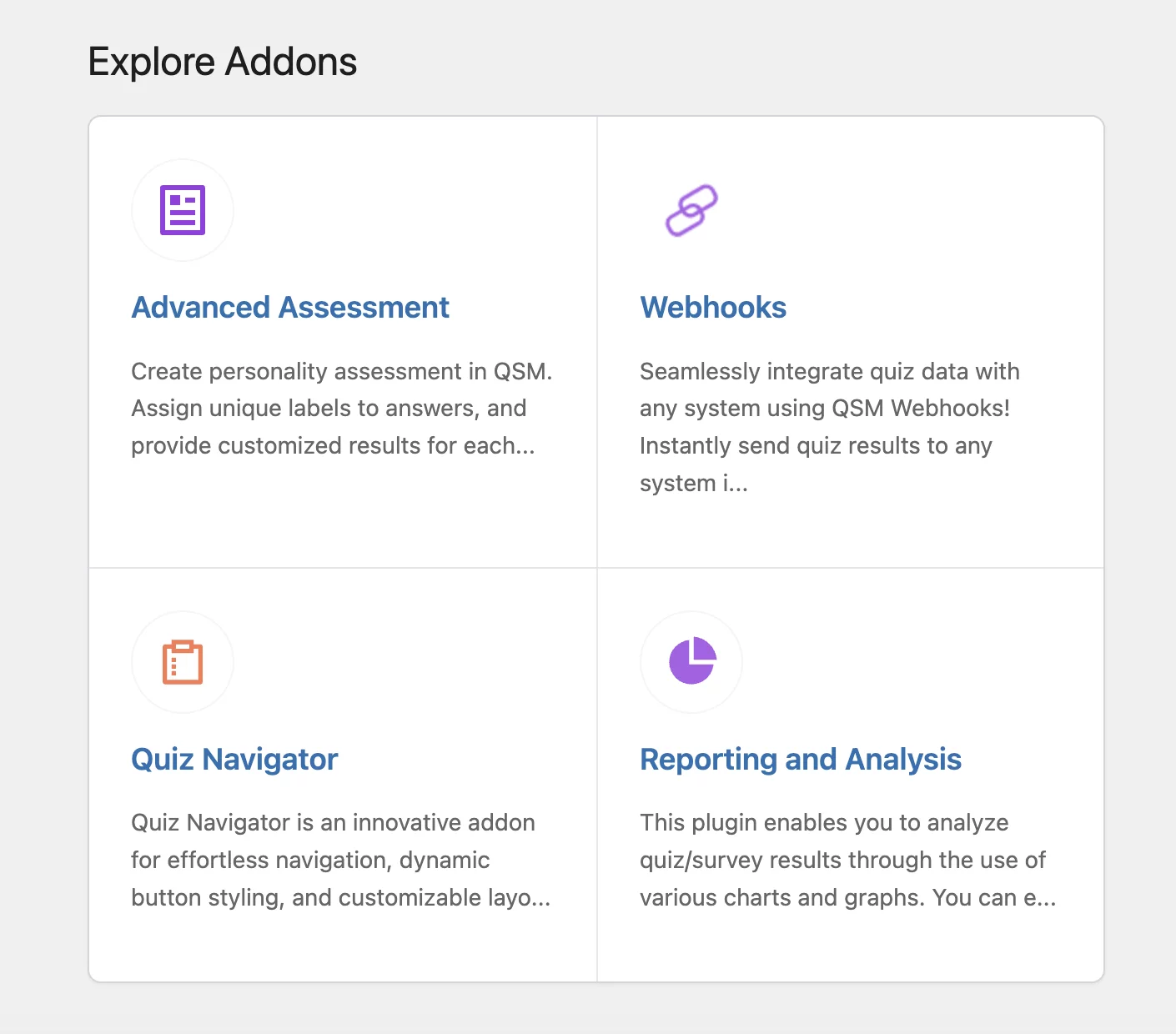 qsm dashboard explore addons