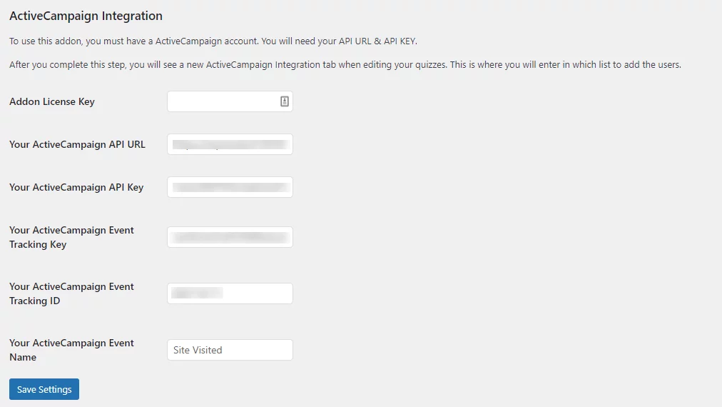 Active Campaign Addon Settings