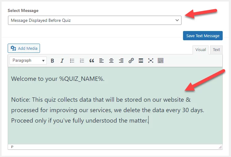 QSM GDPR Compliance Explained - Display Message before quiz