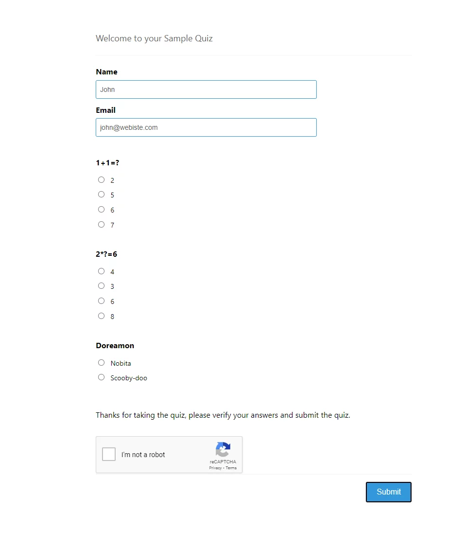reCaptcha Quiz and Survey Master - reCaptcha Addon - reCaptha after configuring the addon