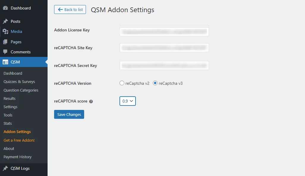 QSM reCaptcha addon settings