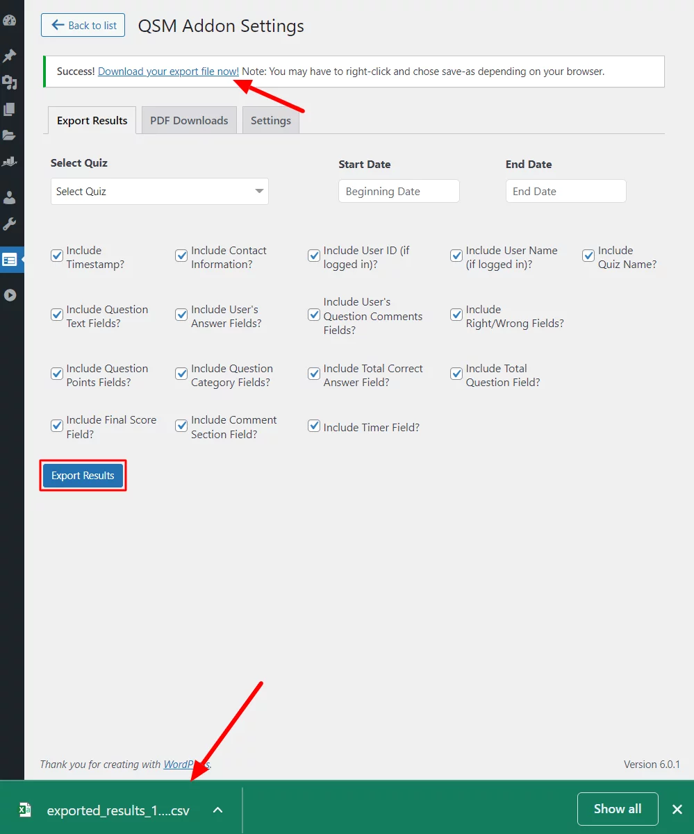 How to use export results Addon?