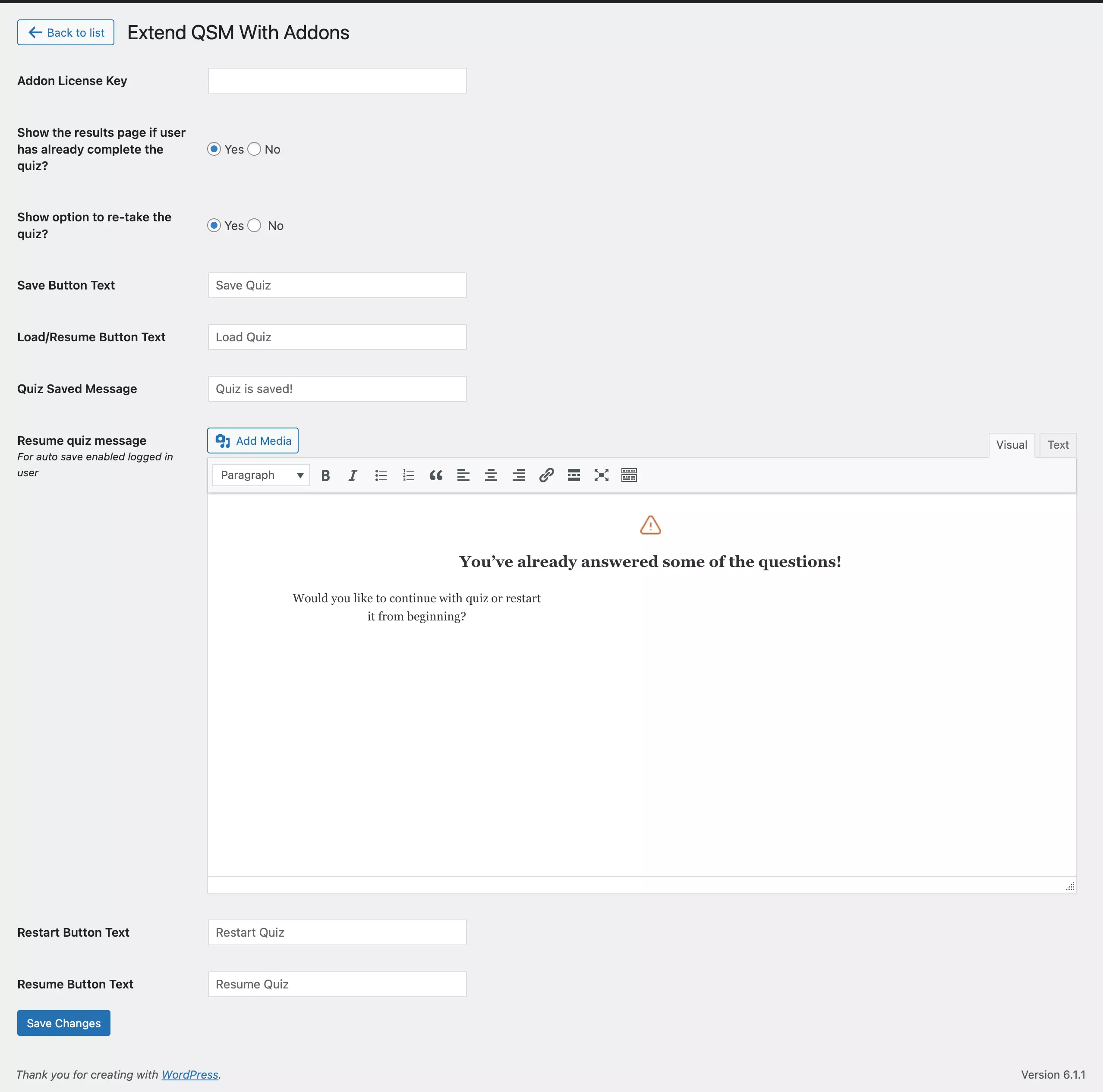 Quiz and Survey Master - Save and Resume Addon - Adding License Key