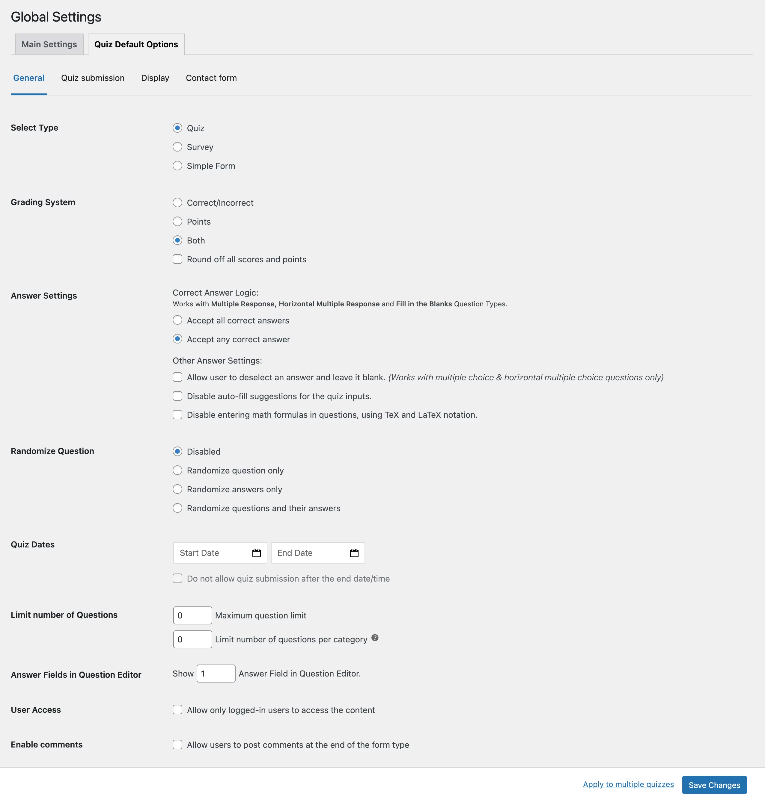 qsm quiz default options