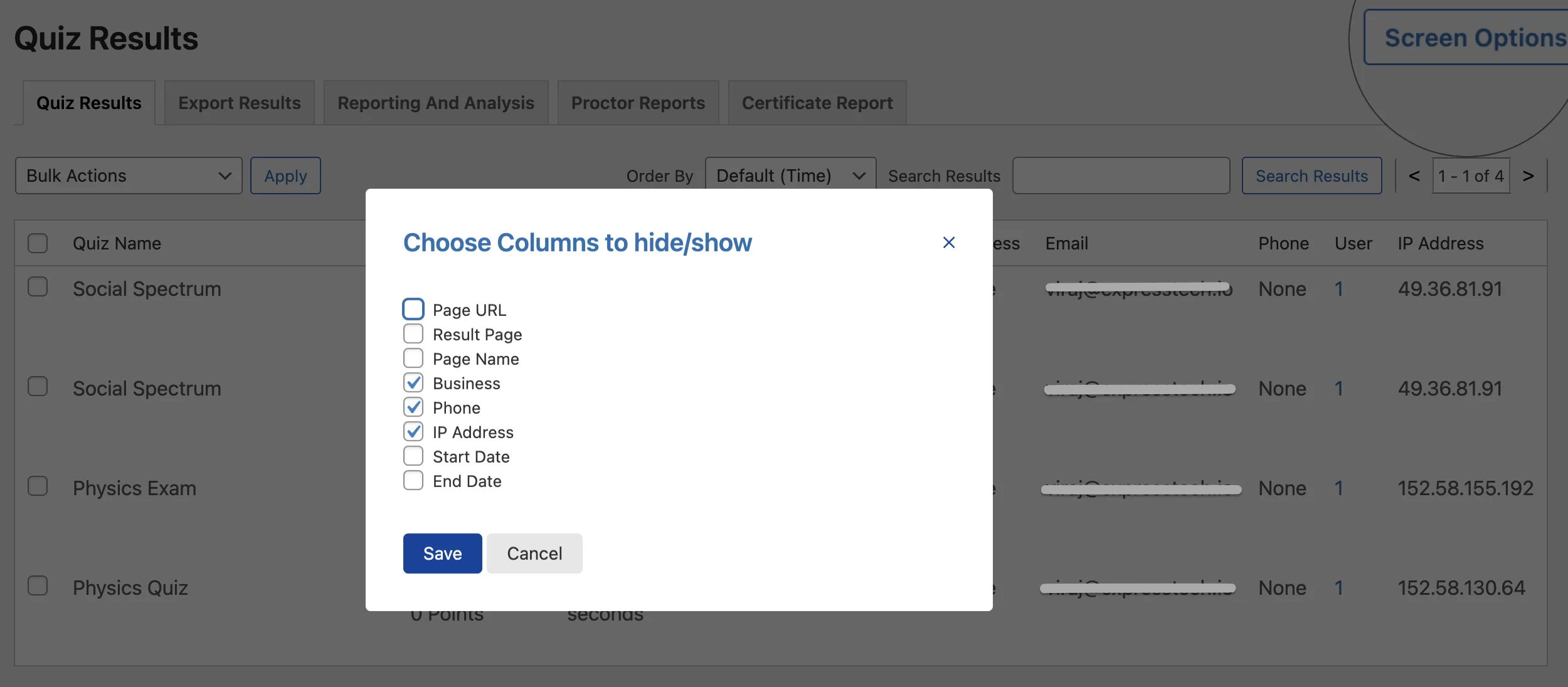quiz result screen option