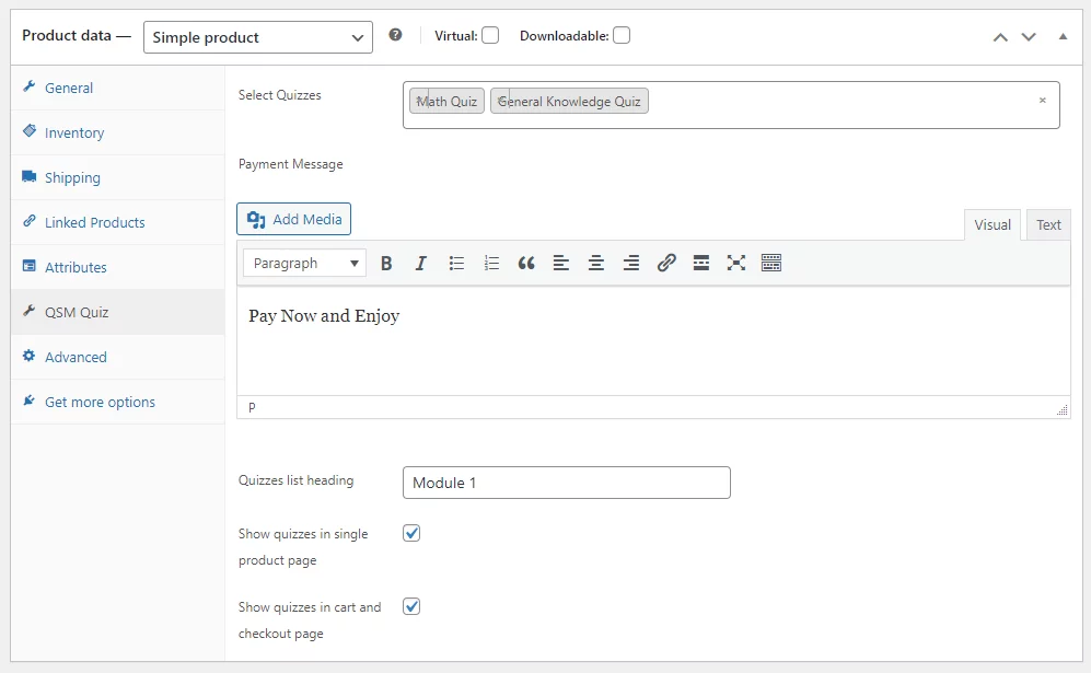 Editing Product - QSM Quiz - QSM WooCommerce