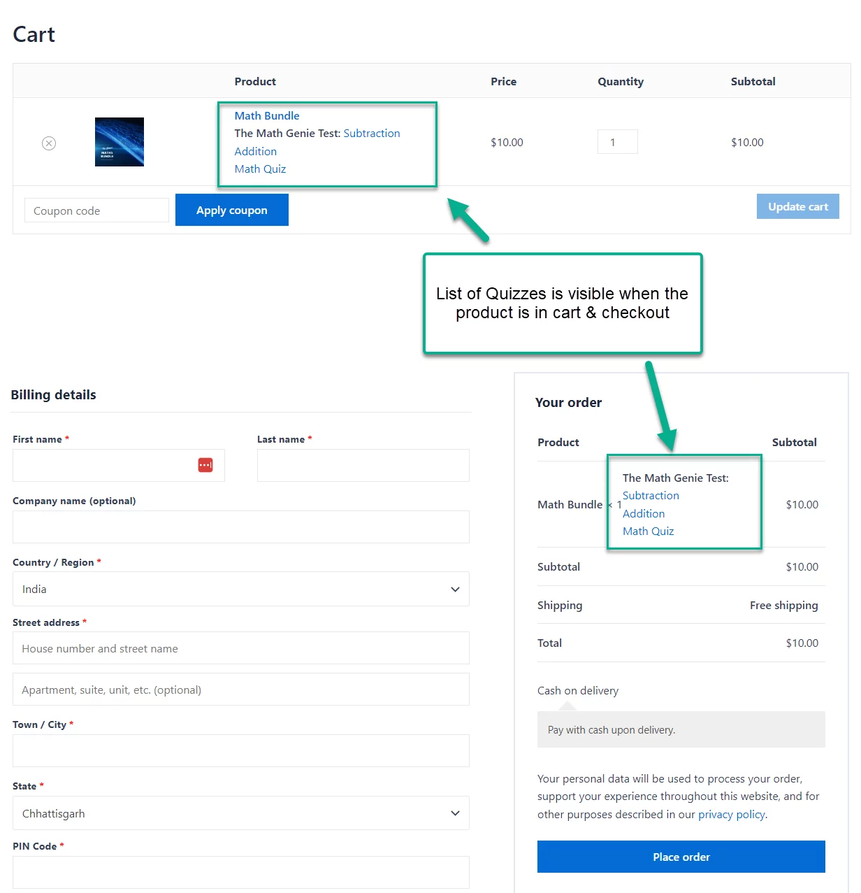 product in cart