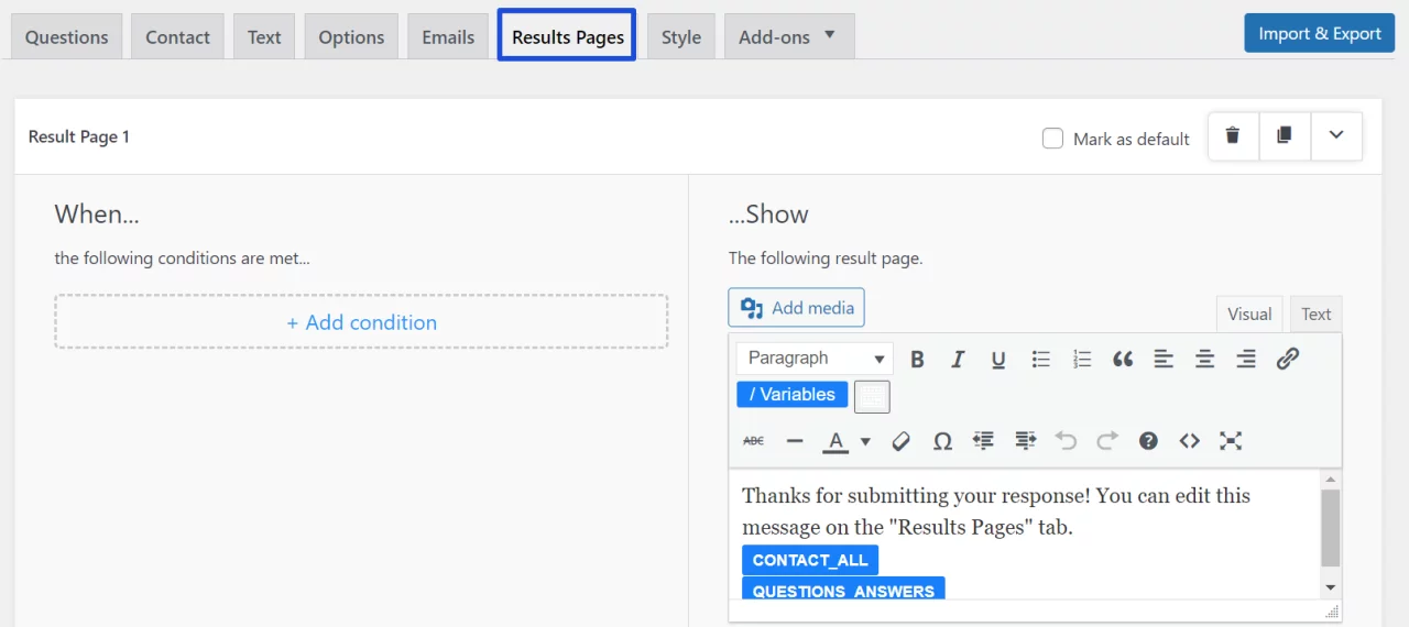 Configure the Result Page - WordPress Assessment Plugin