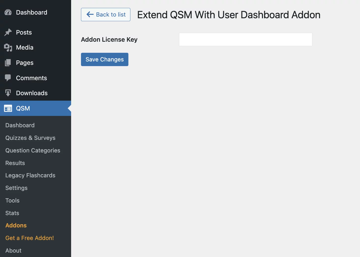User dashboard addon - adding license key