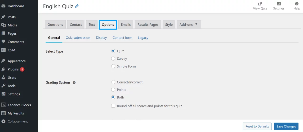 Options Tab - Create an Online Exam in WordPress
