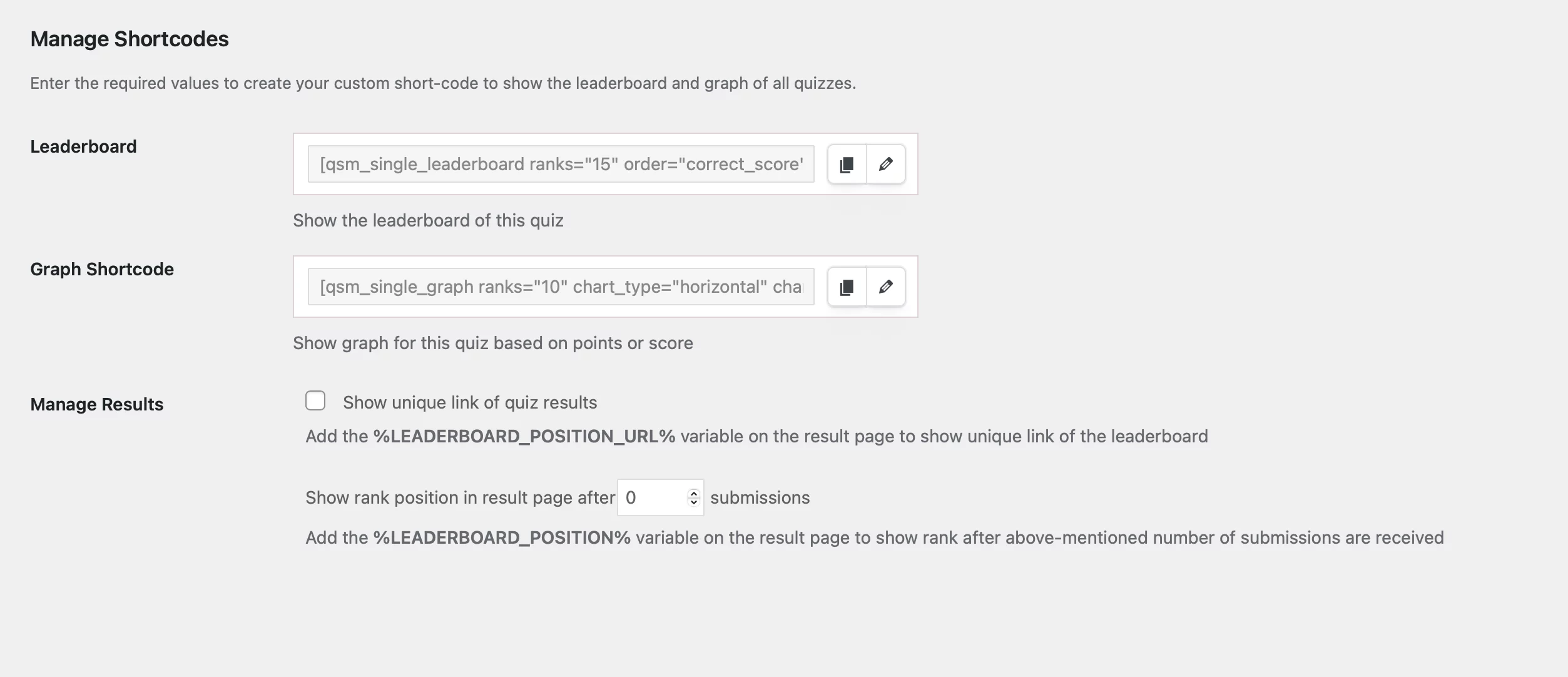 adv learderboard shortcode for individual quiz