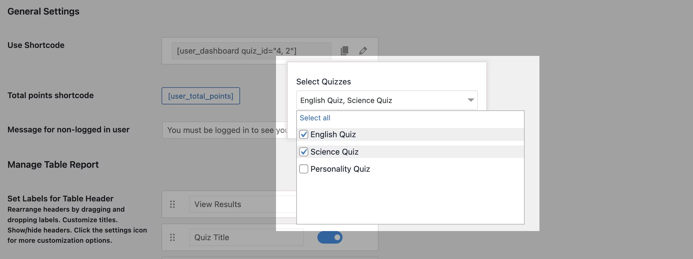 select multiple quizzes user dashboard