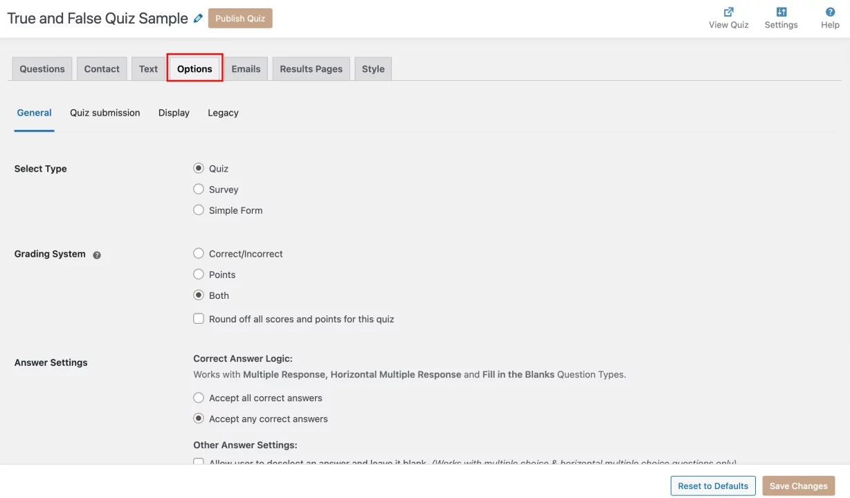 How to Create a Free True or False Quiz in WordPress? (4 Easy Steps) True or False Quiz in WordPress - Options