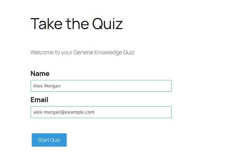 How to Create a Lead-Generation Quiz in WordPress (Step by Step) QSM quiz start screen collecting the respondent's name and email address before the quiz begins, with a Start Quiz button.