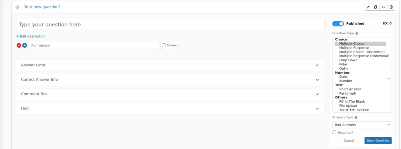 QSM vs WPForms: Which Is the Better WordPress Quiz & Survey Plugin? The Quiz and Survey Master question editor showing its full list of question types — multiple choice, multiple response, drop down, date, number, short answer, paragraph, fill in the blank, file upload and more.