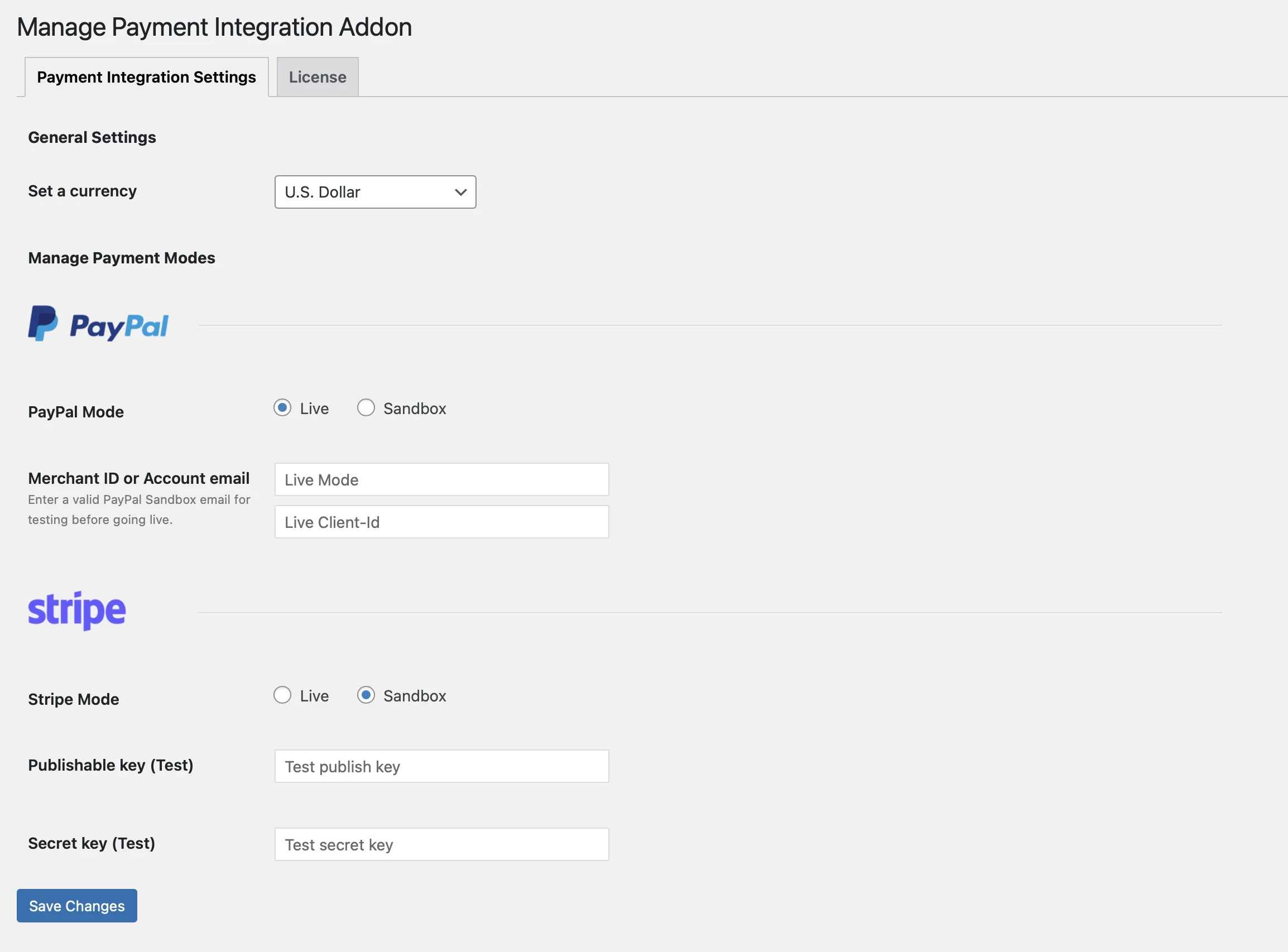 payment integration settings